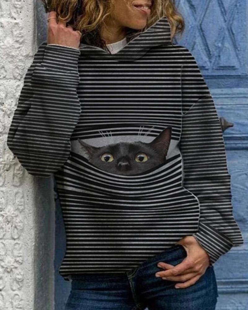 Striped Splicing Kitty Print Long Sleeve Hooded Sweatshirt