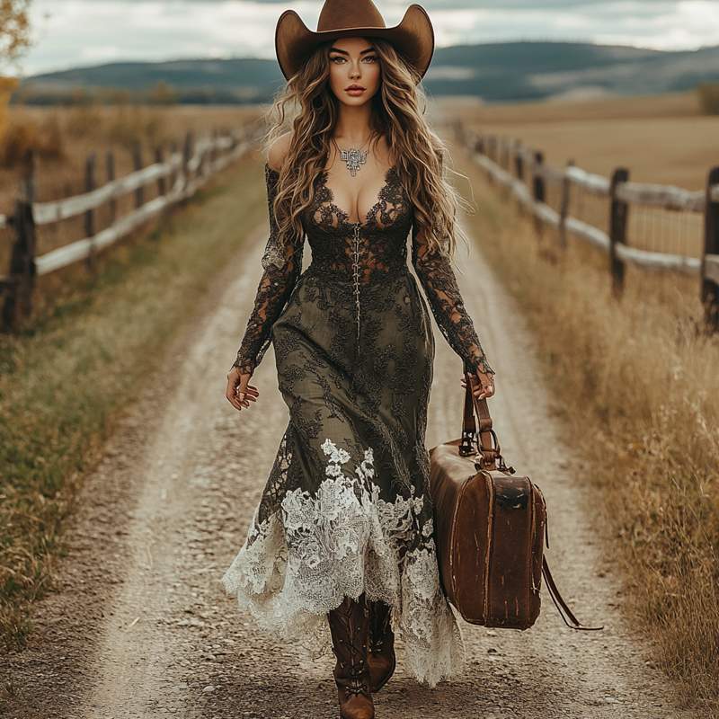 Women's Western Cowboy Elegant Western Lace Dress With Cowboy Hat And Vintage Suitcase