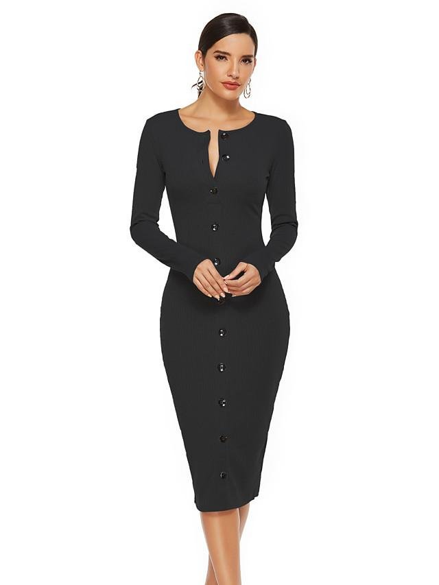 Women's Sheath Dress Midi Dress - Long Sleeve Solid Color Fall Work Hot Elegant Black Gray S M L XL - VSMEE