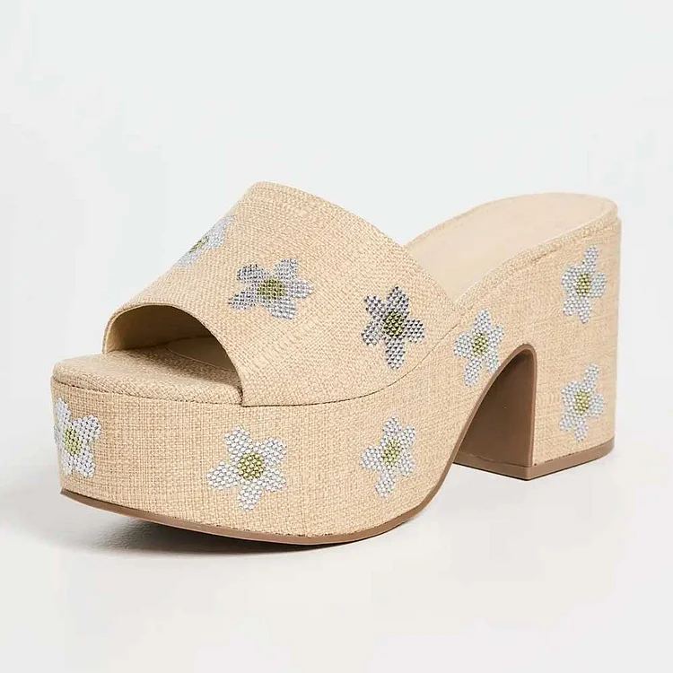 Nude Canvas Floral Crystal Embellished Platform Mules Chunky Sandals |FSJ Shoes