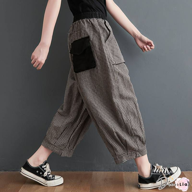 Yellow Pockets Loose Cotton Crop Pants High Waist Summer