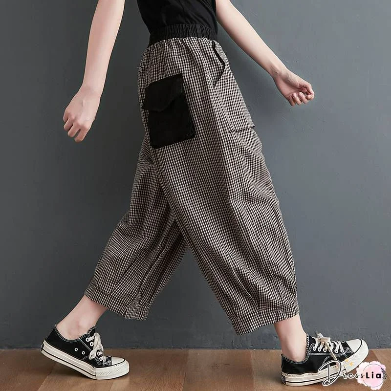 Yellow Pockets Loose Cotton Crop Pants High Waist Summer