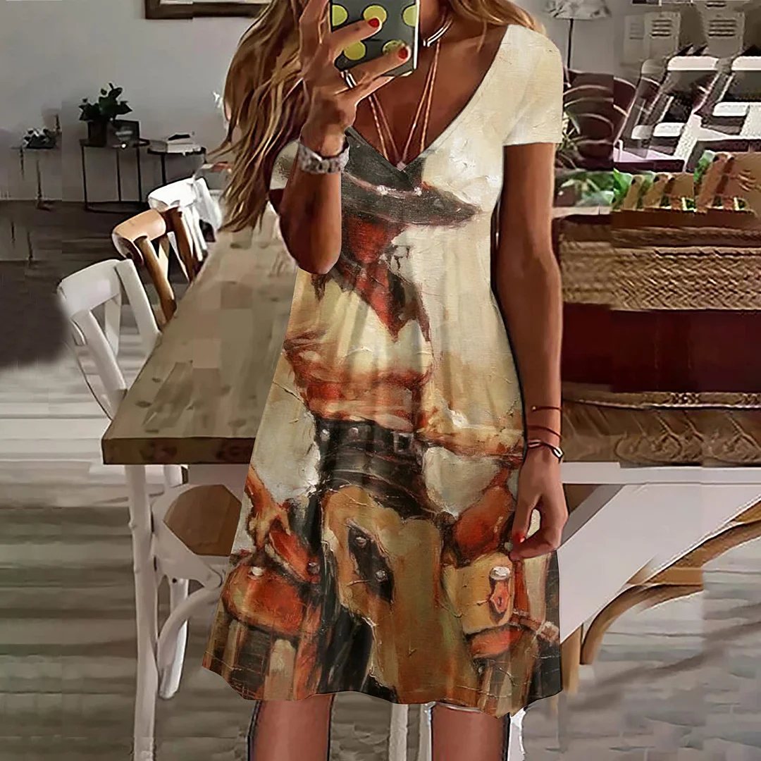 Vintage Oil Painting Western Print V-Neck Midi Dress