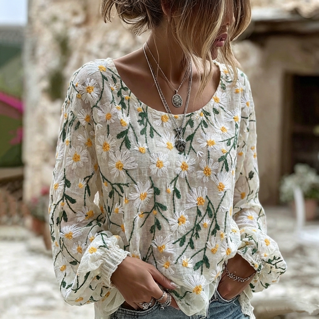 Women's Daisy Pattern Crew Neck Long Sleeve T-shirt elevenforest