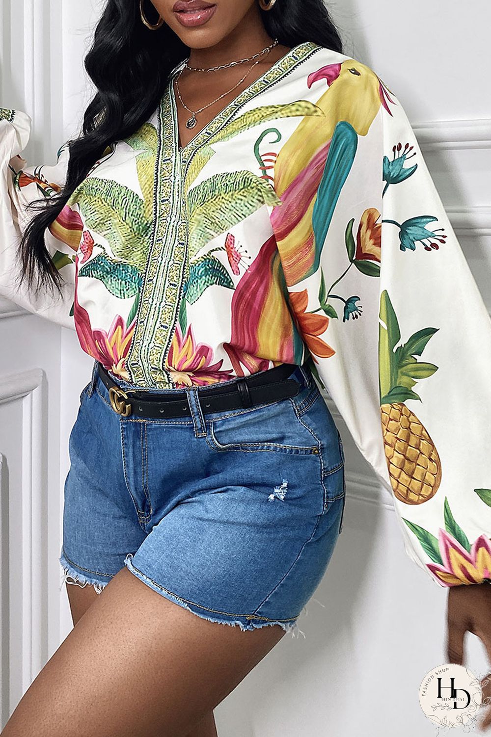 White Fashion Casual Print Split Joint V Neck Tops