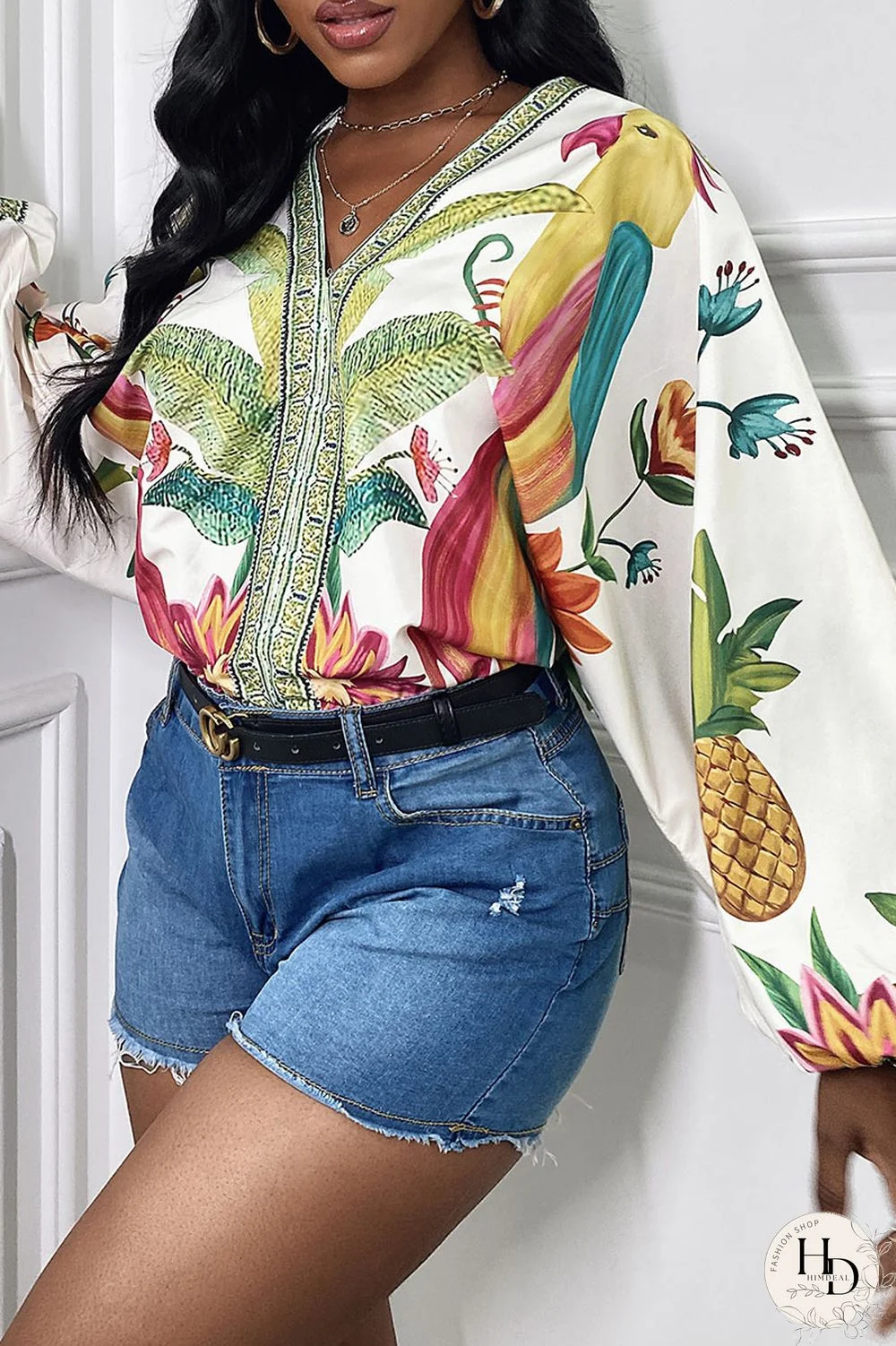 White Fashion Casual Print Split Joint V Neck Tops