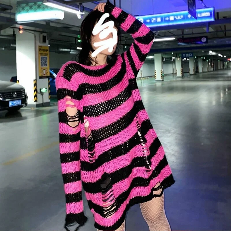 E-girl Gothic Punk Hole Stripe Tshirt Women Pastel Goth Fairy Grunge Harajuku Top Oversized Dark Aesthetic Emo alt Clothes
