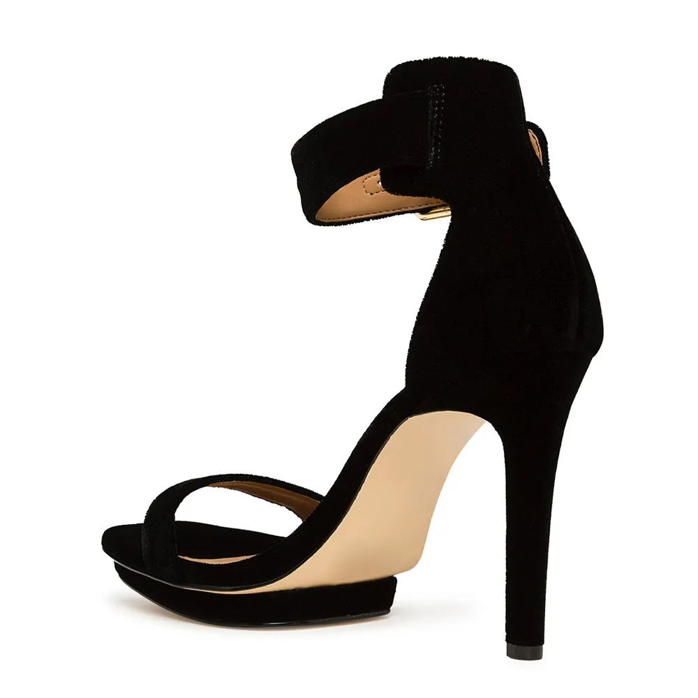 Elegant Square Toe Platform Heel Ankle Strap Black Sandals for Women