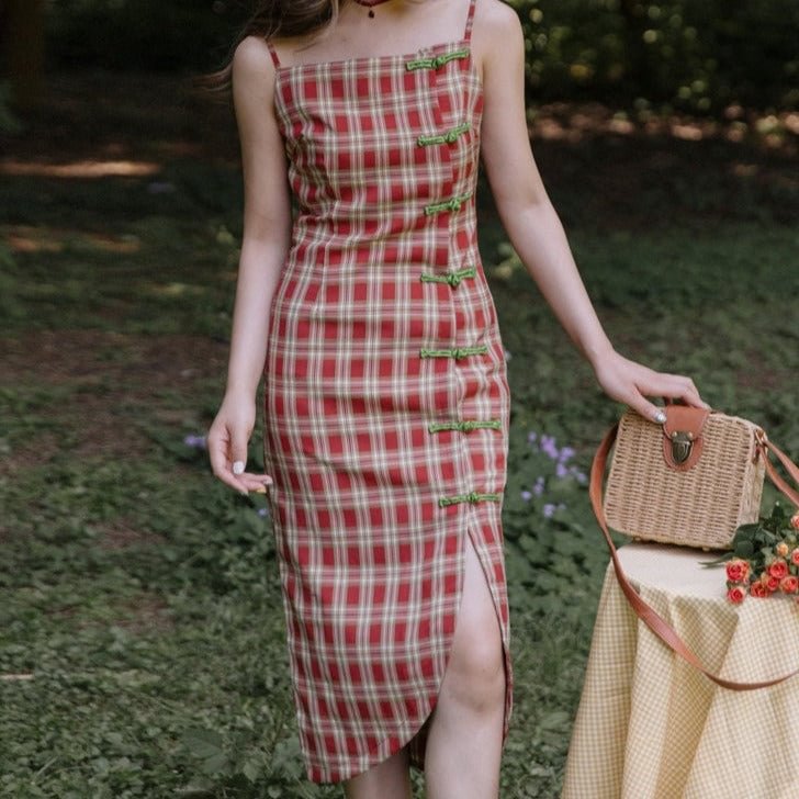 Fairy Tales Aesthetic Plaid Slit Slip Dress QueenFunky