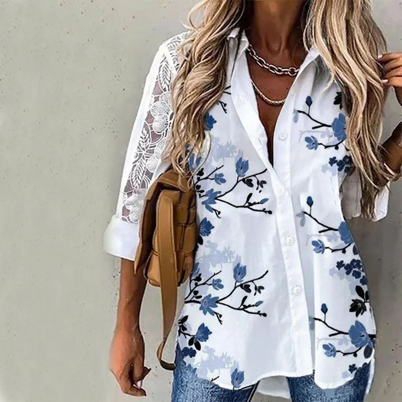 Fashion Printed Lace Panel Blouse