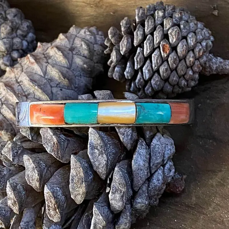 Navajo Sterling Row Bracelet with Channel Inlay and Stamped Feathers