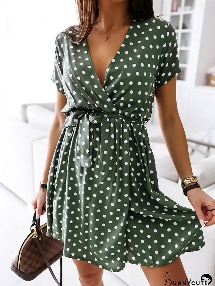 Polka Dot Short Sleeve V Neck Mini Dress