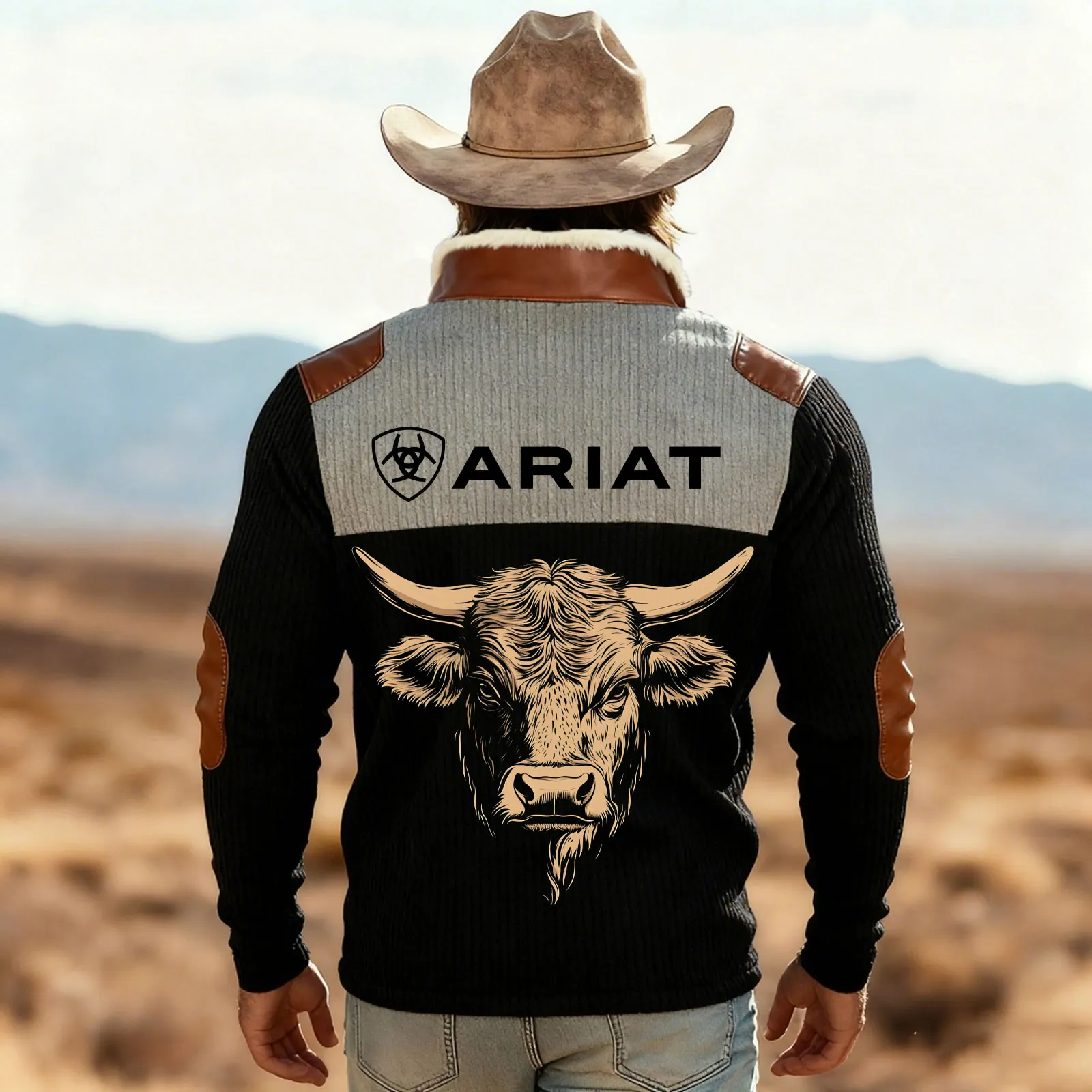 Western-style Cowboy Pullover With Bull Pattern