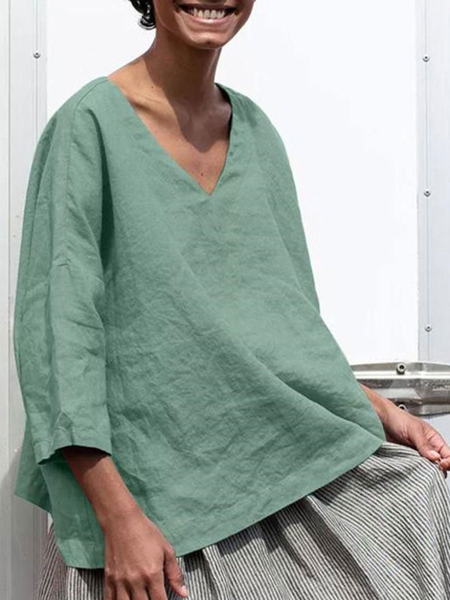 V-neck Casual Loose Solid Color Long-sleeved Blouse