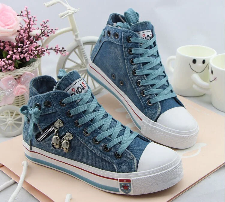 Women Fashion Sneakers Denim Canvas Shoes Spring/Autumn Casual Shoes Trainers Walking Skateboard Lace-up Shoes Femmes klo90