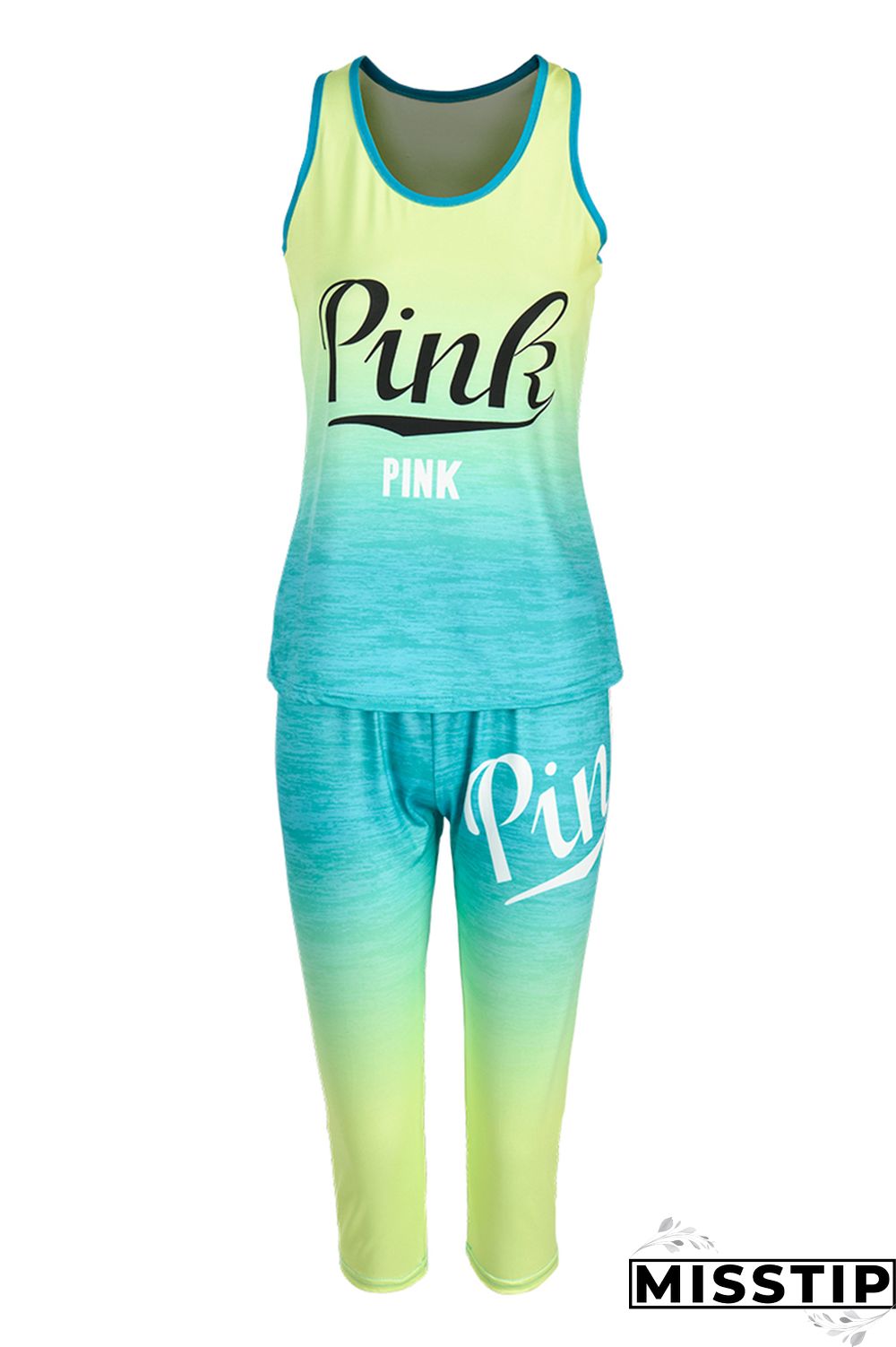 Blue Fashion Sportswear Letter Print Basic O Neck Sleeveless Two Pieces