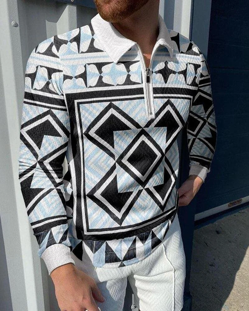 men's casual square printing polo long sleeves