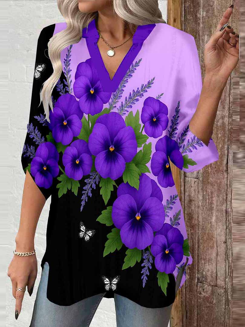 Women Floral,Purple,Green DZGA0779 3/4 Sleeve V-neck Printed Graphic Button Tops