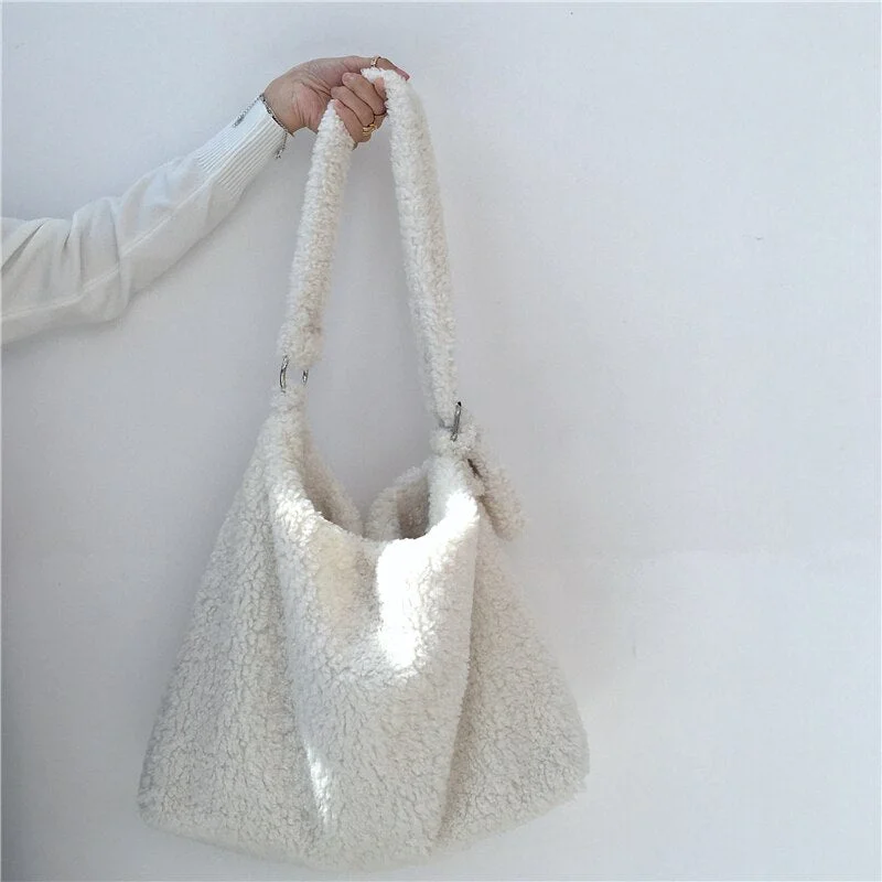 casual lambswool women shoulder bags designer plush handbags luxury faux fur crossbody bag lady large capacity tote big purses