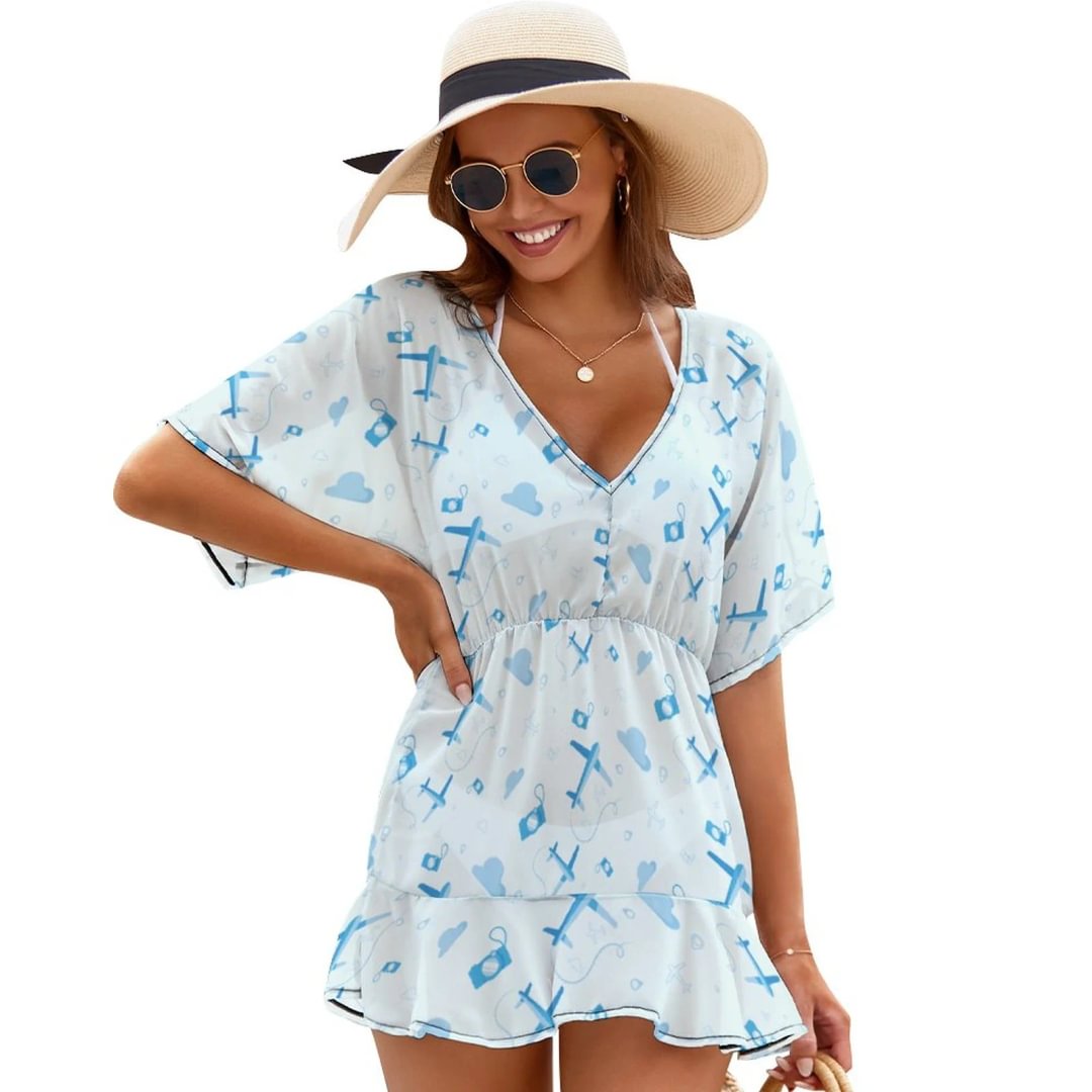 Airplanes And Cameras Summer Beach Chiffon Mini Cover Up Dress