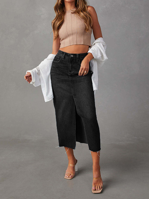 Front Split High Waist Side Pockets Denim Midi Skirt