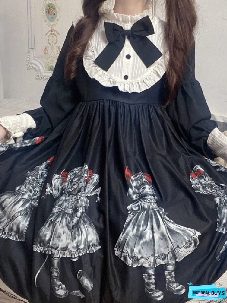 Thanksgiving Gift Japanese Vintage Gothic Marionette Lolita Women Dress Summer Women Cute Bow Long Sleeve Midi Dress Female Black Style Dresses
