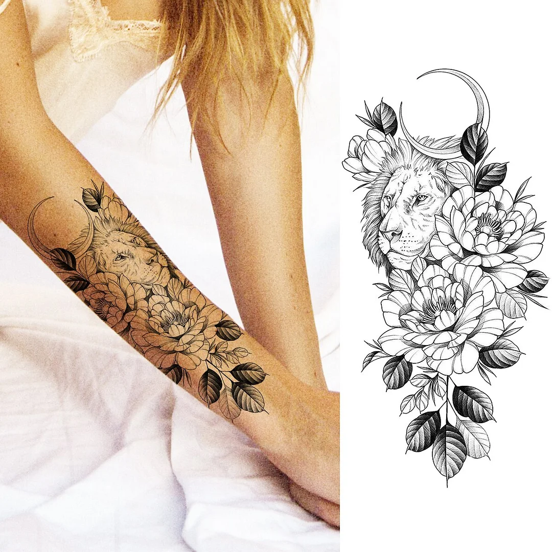 Sdrawing Peony Flower Moon Temporary Tattoos For Women Adult Rose Daisy Crown Fake Tattoo Fashion Washable Half Sleeve Tatoos