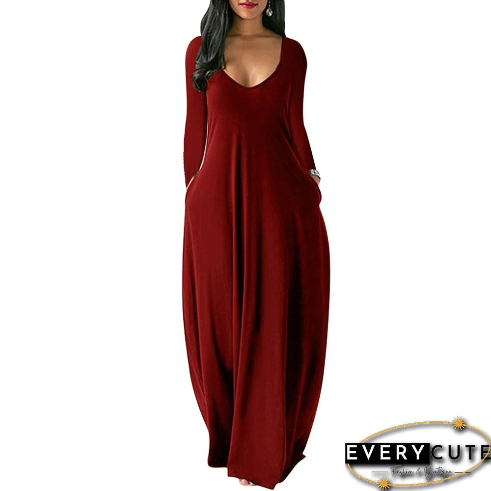 Wine Red V Neck Long Sleeve Maxi Dress