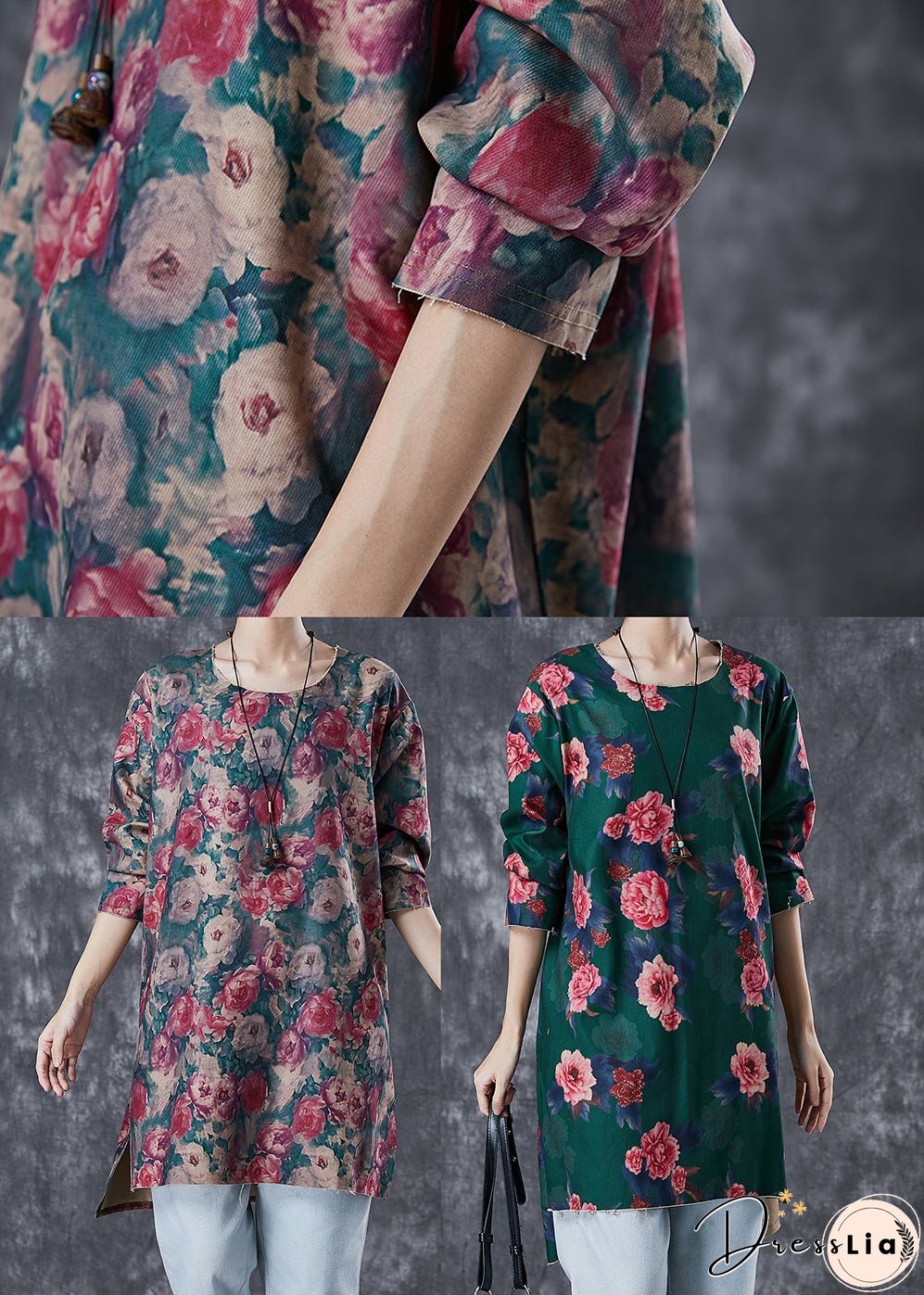 Green Floral Print Linen Mini Dress Side Open Fall