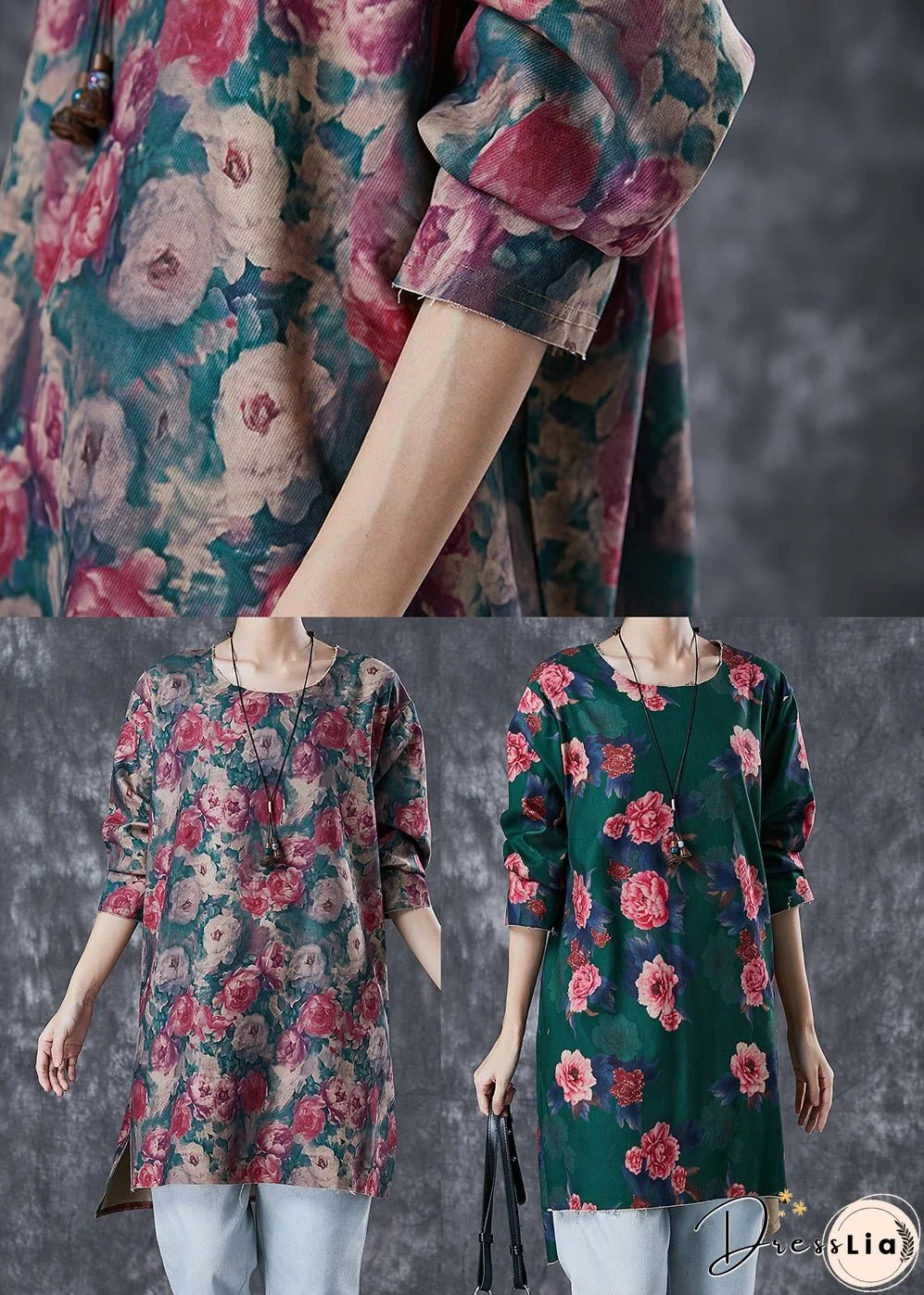 Green Floral Print Linen Mini Dress Side Open Fall