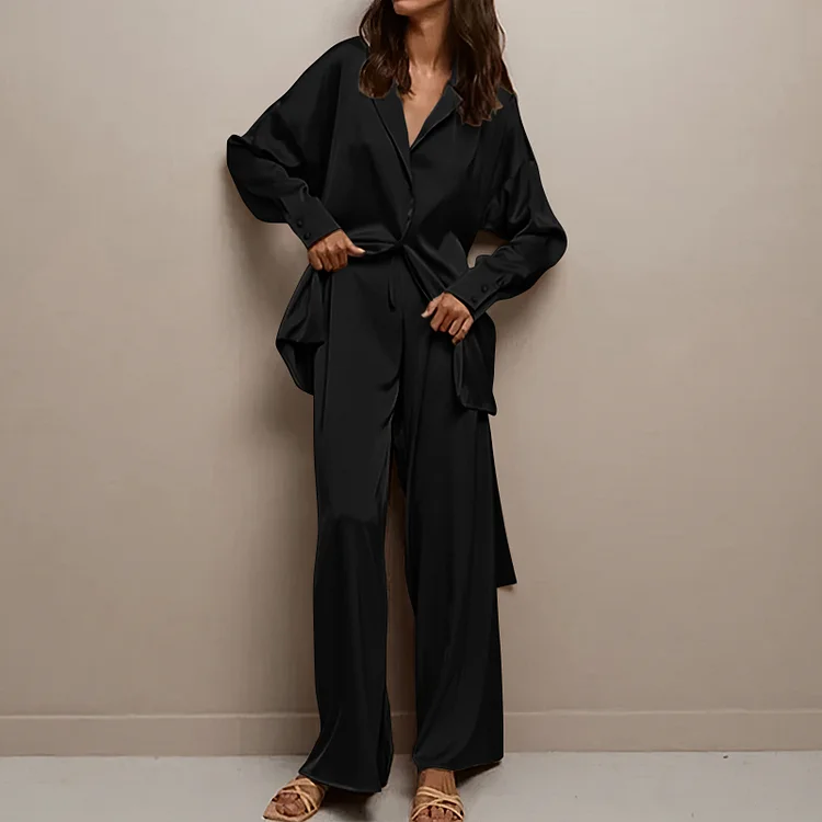 Casual Loose Faux Silk Shirt Two-Piece Set