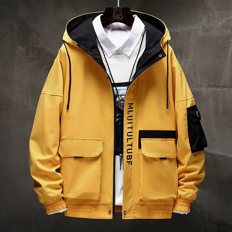 Men's Casual Colorblock Zipper Flap Pocket Long Sleeve Hooded Jacket