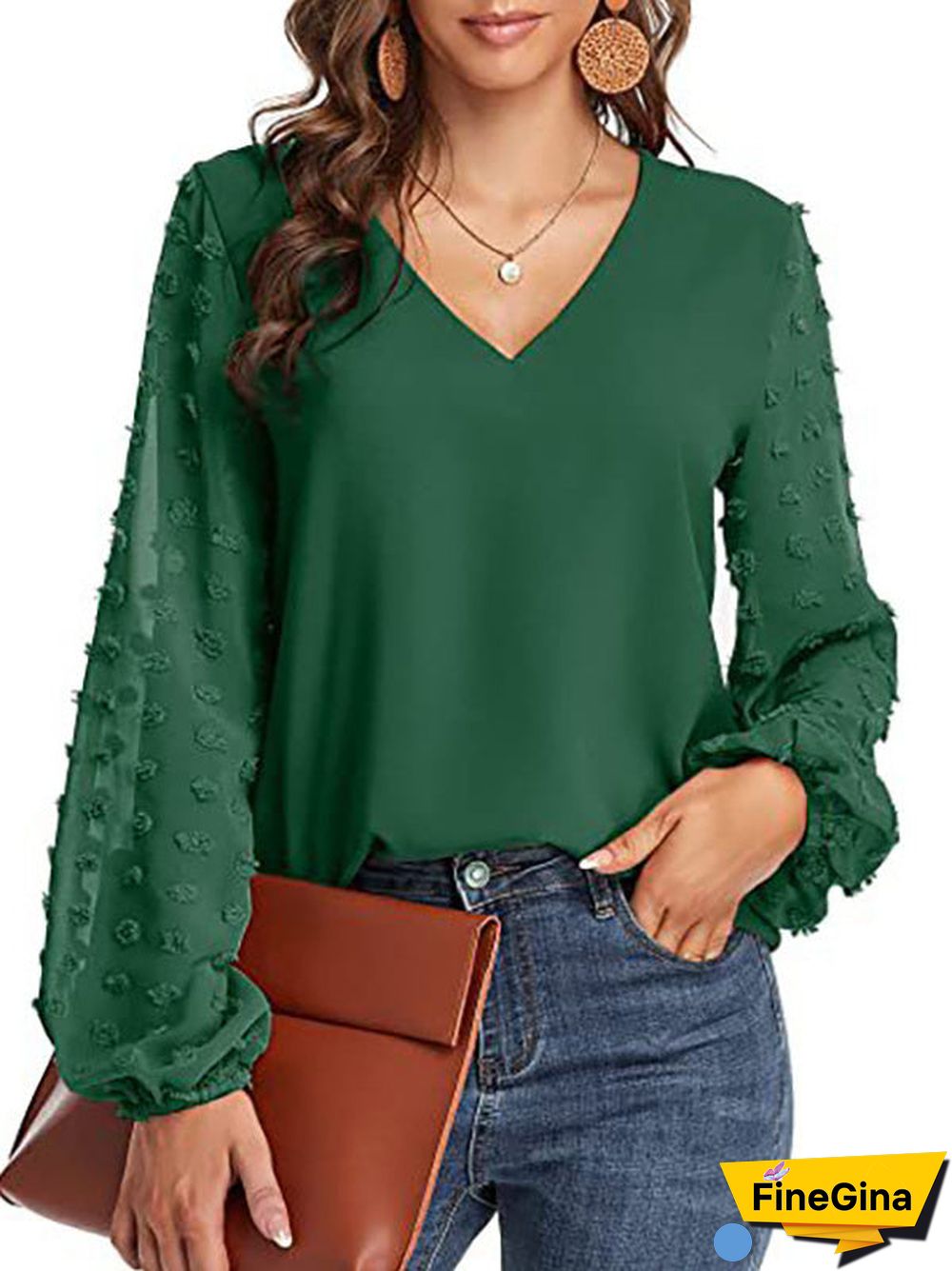 Women's Stitching Polka Dot Solid Color V-Neck Long Sleeve Top