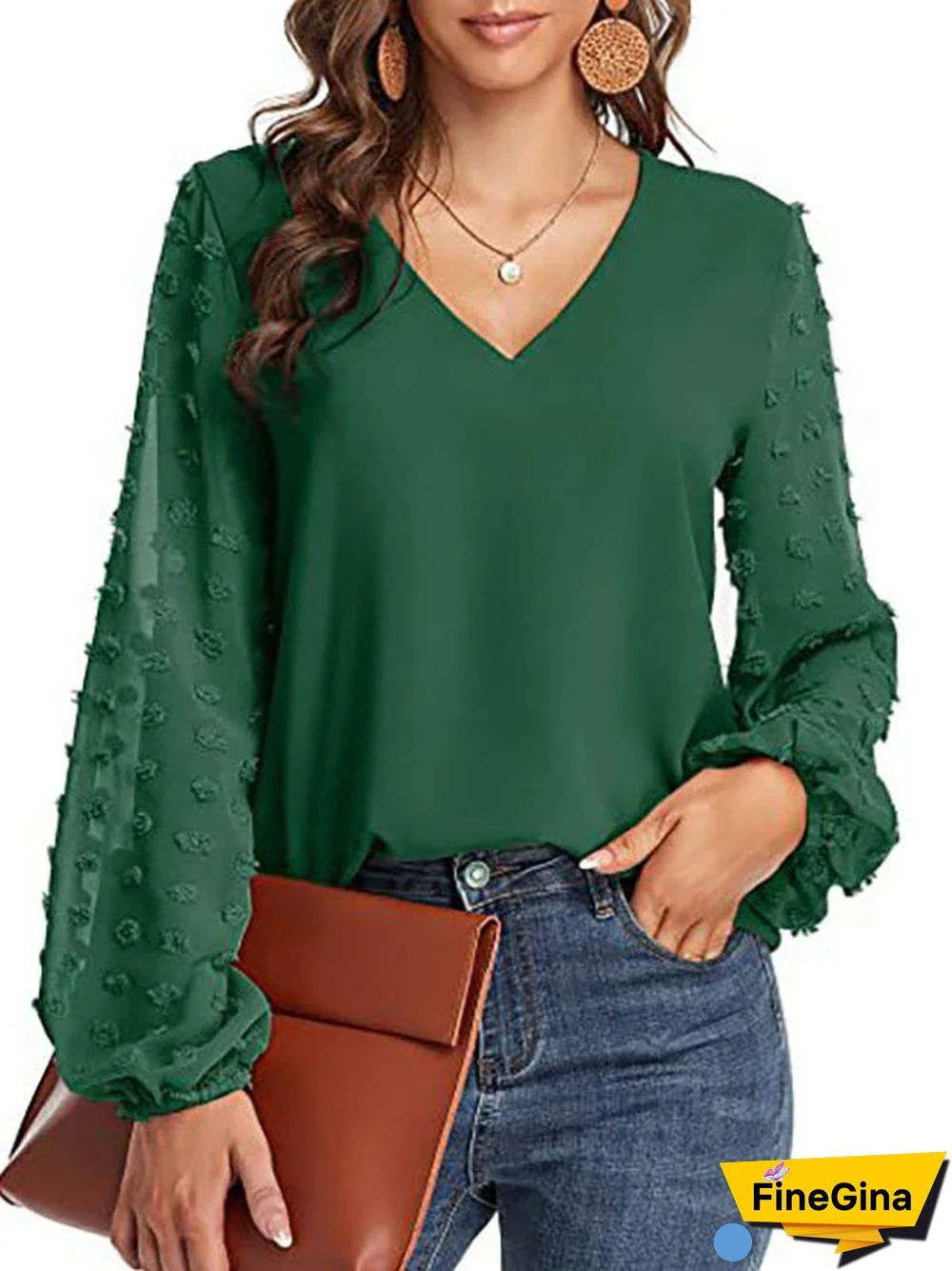 Women's Stitching Polka Dot Solid Color V-Neck Long Sleeve Top