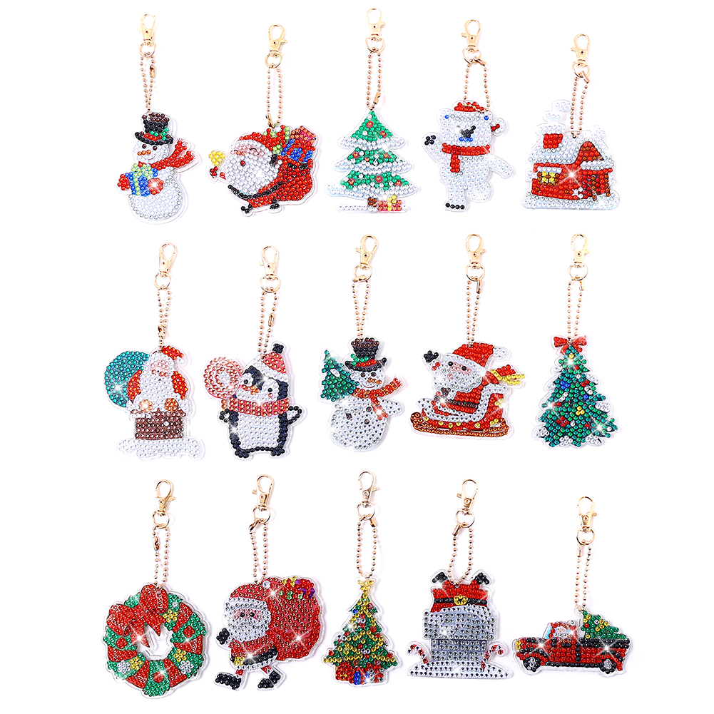15pcs Christmas Rhinestone Painting Keychain Cute Double Sided for Gift (AA1209)