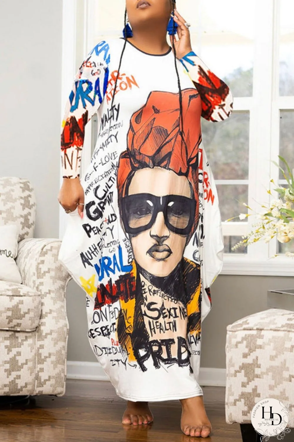 Multicolor Casual Print Basic O Neck Long Sleeve Plus Size Dresses