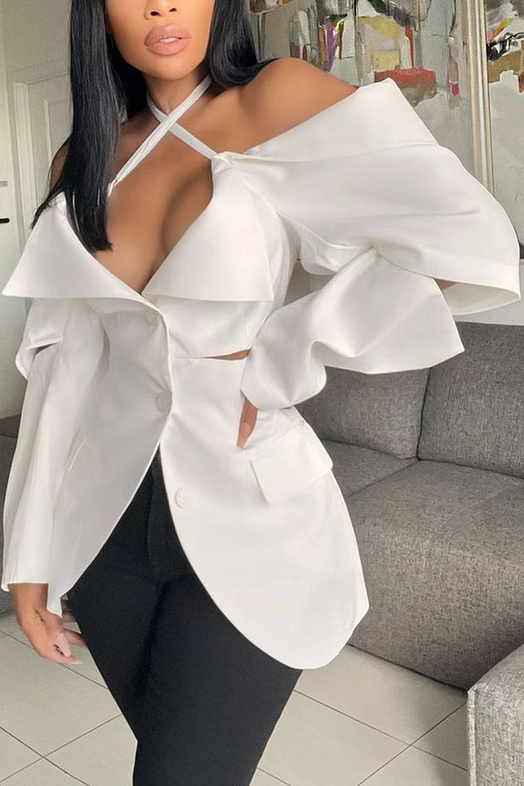Xpluswear Plus Size White Semi Formal Cold Shoulder Puffy Sleeves Blouses [Pre-Order]