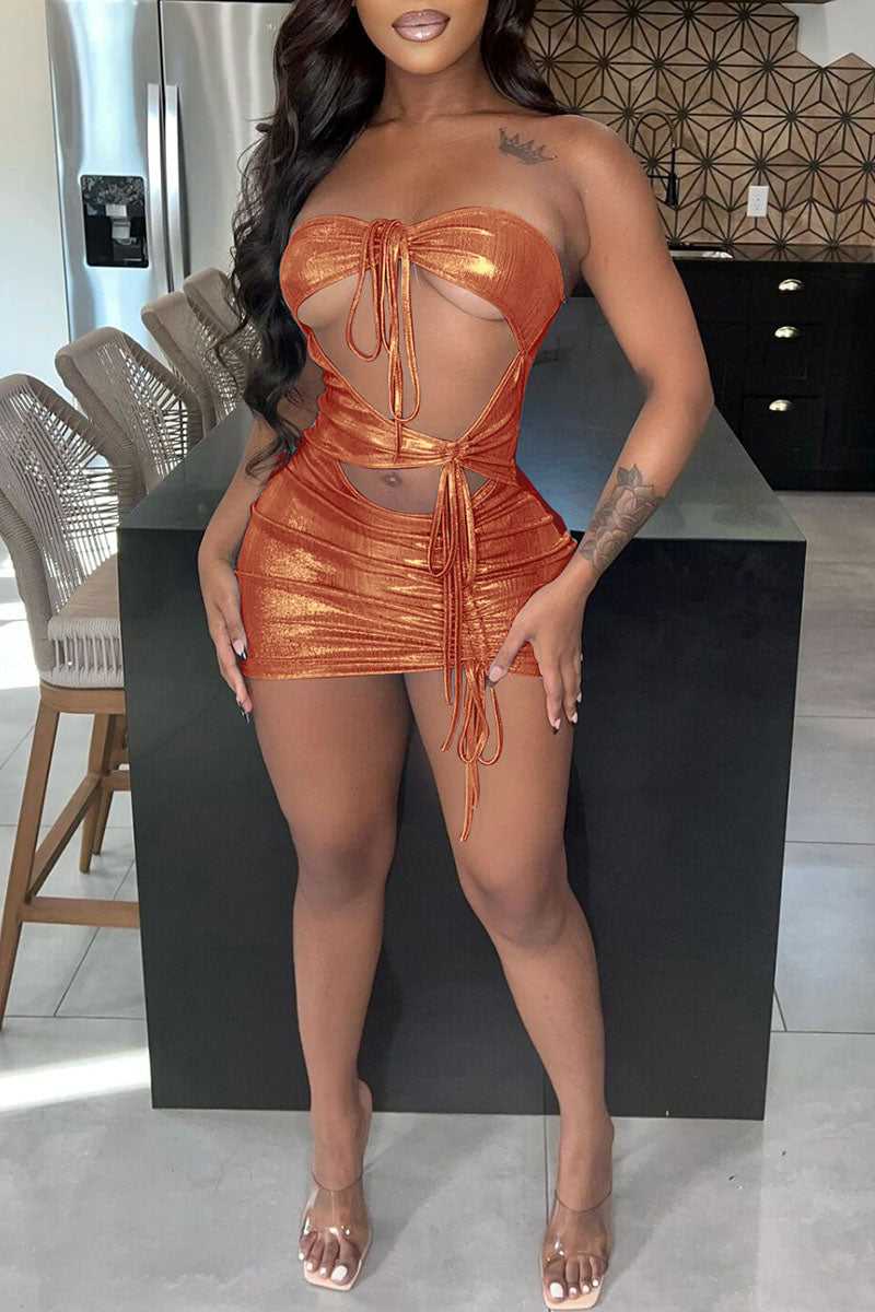 Sexy Solid Appliques Backless V Neck One Step Skirt Dresses