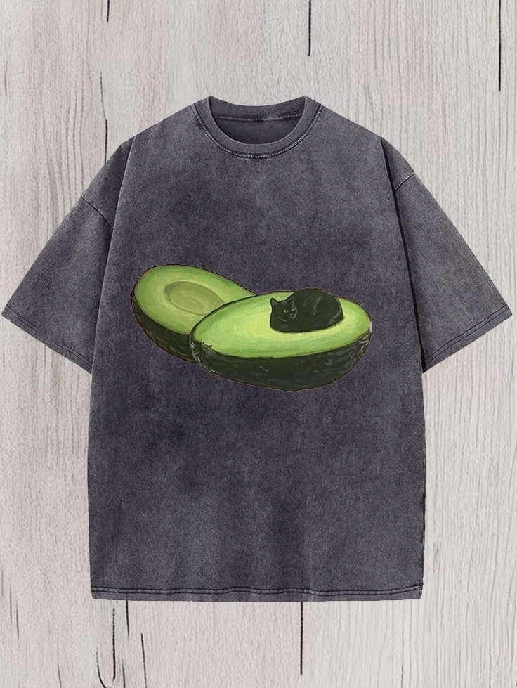 Men's Avocado Cat Print Cotton Washed T-Shirt