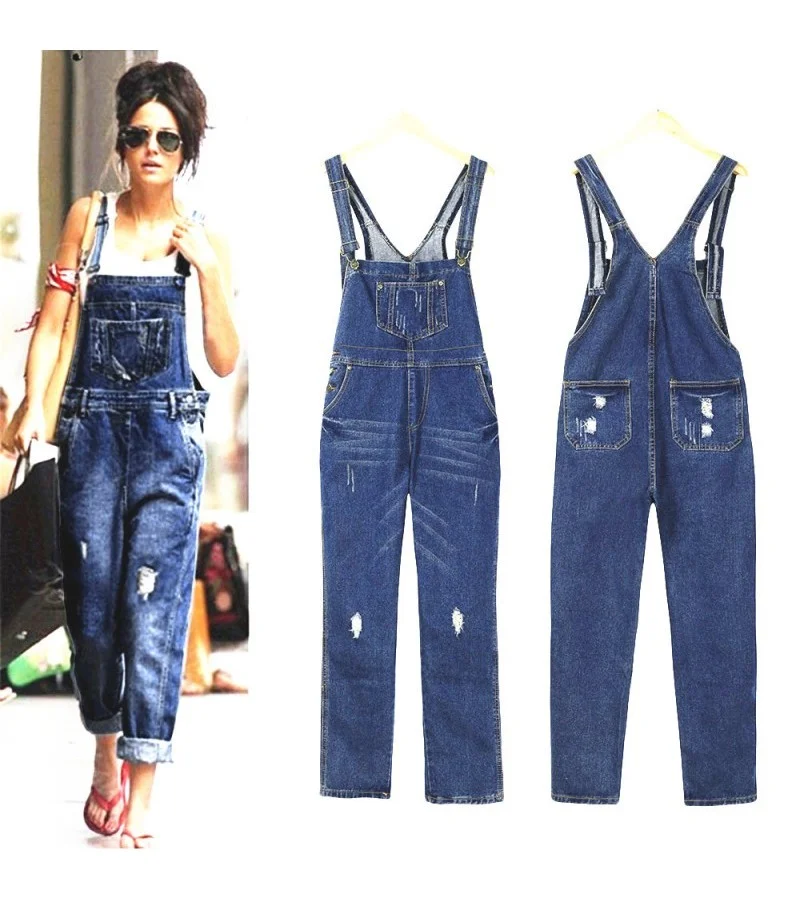 Women Pocket Decor Knee Ripped Suspender Jeans S-3XL