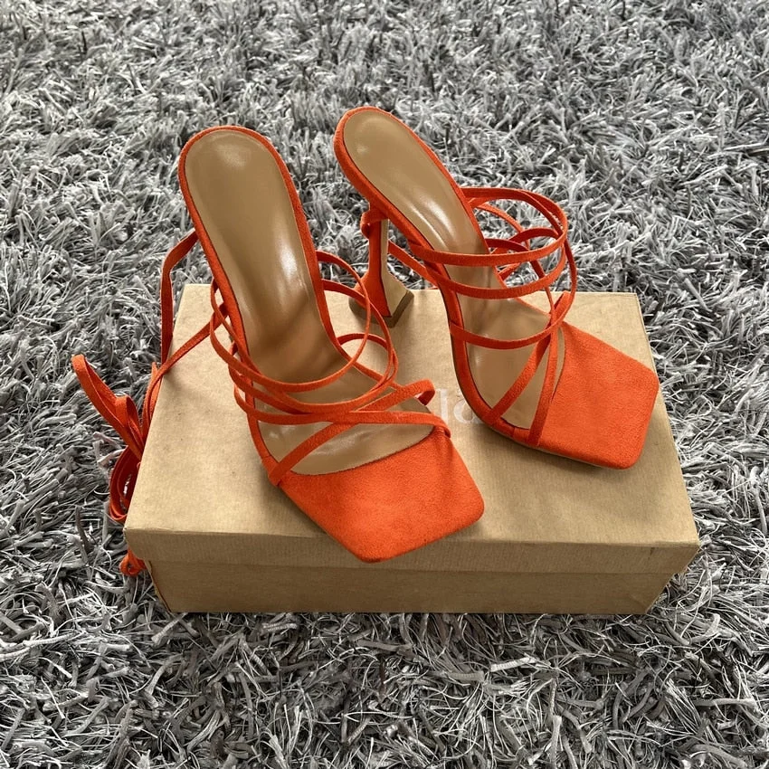 2022 Summer Green Orange Women Sandals Fashion Cross-Tied High Heels Shoes Sexy Lace Up Party Pumps shoes Woman Size 35-42