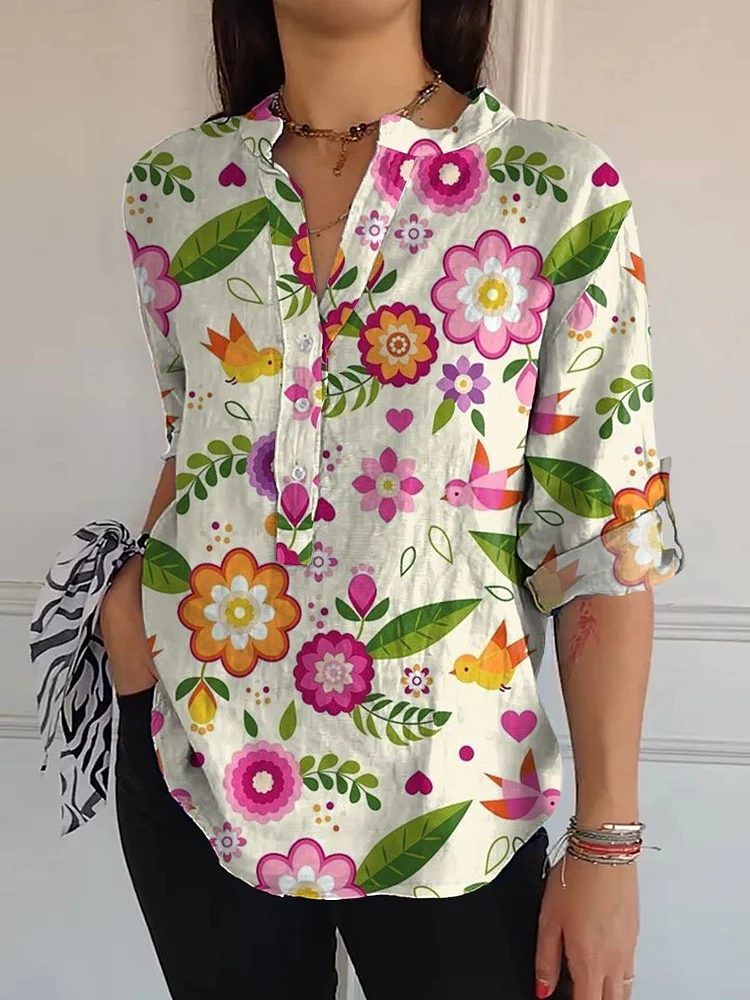 Women's   Flowers  Print Casual Long Sleeve Comfortable Cotton Shirt