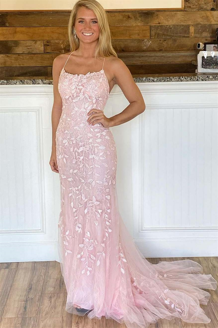 Oknass Exquisite Spaghetti Straps Sleeveless Mermaid Long Prom Dress With Appliques