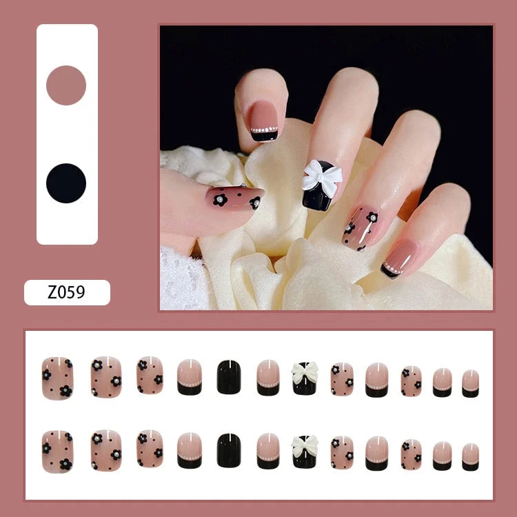 24pcs decorated false nails Bow Pearl Nail Patch Black Flower Printed Glue Type Removable Short Paragraph Fashion Manicure