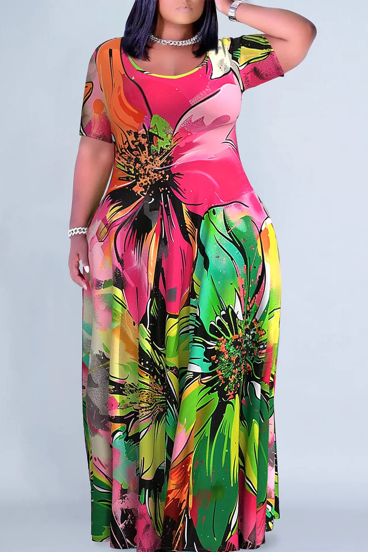 Plus Size Casual Multicolor Floral Print V Neck Short Sleeve Maxi Dresses