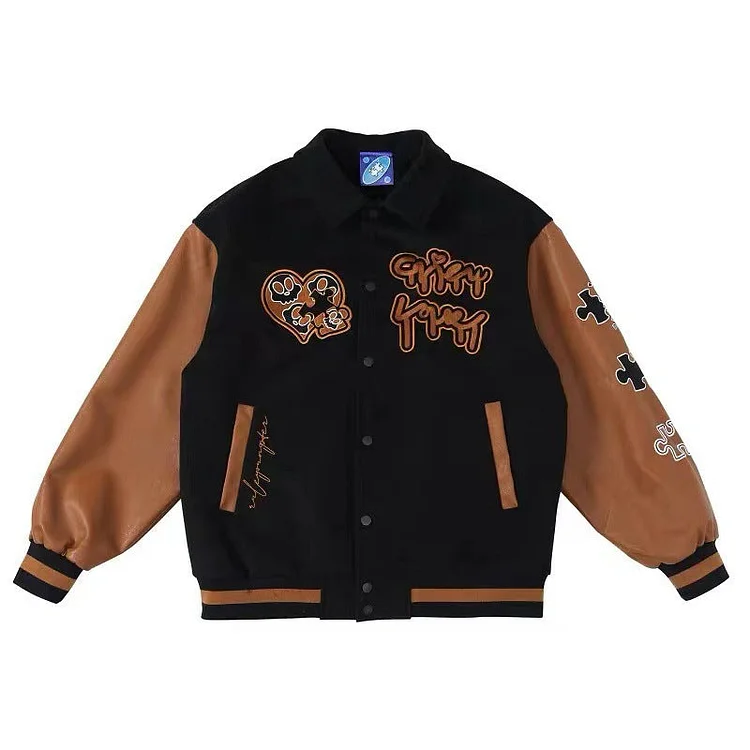 Unisex Hip Hop Vintage Baseball Varsity Puzzle Embroidery College Bomber Loose Jacket