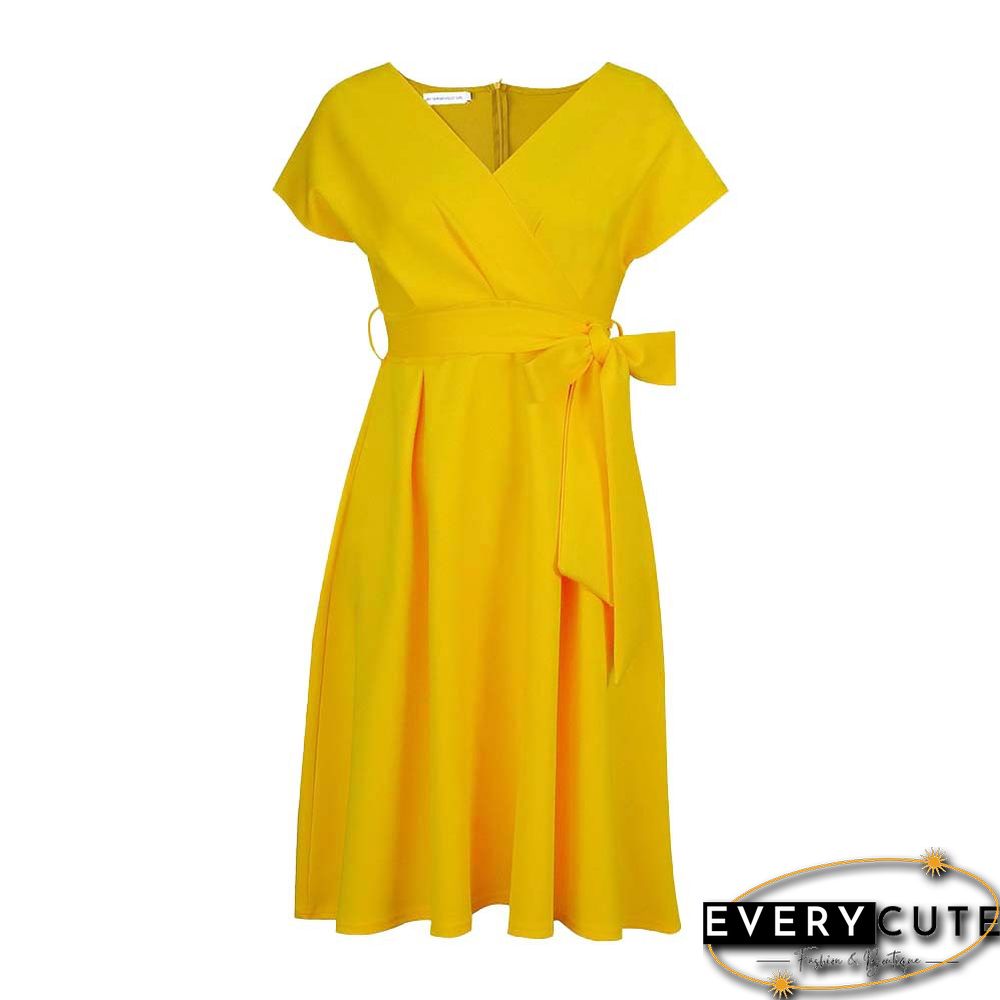 V-neck Solid Color Waist Bow Tie Dress White Dresses