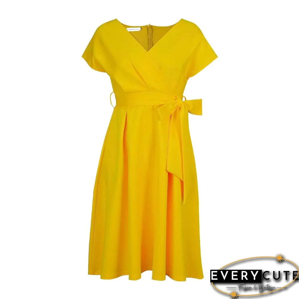 V-neck Solid Color Waist Bow Tie Dress White Dresses