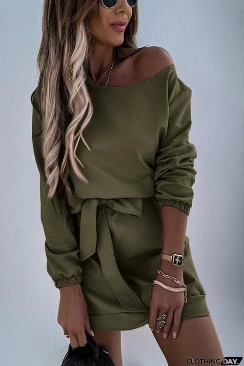 Dew Shoulder Belted Long Sleeve Mini Dress