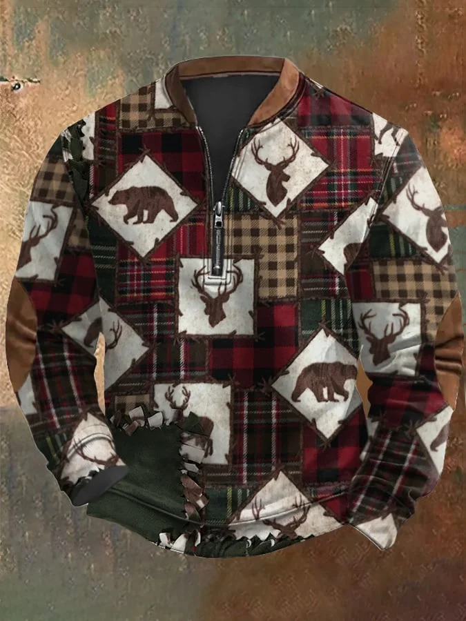 Men's Christmas Retro Elk Plaid Zipper Sweatshirt
